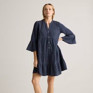 Quince Womens 100% Organic Cotton Gauze Long Sleeve Tiered Mini Dress Blue M